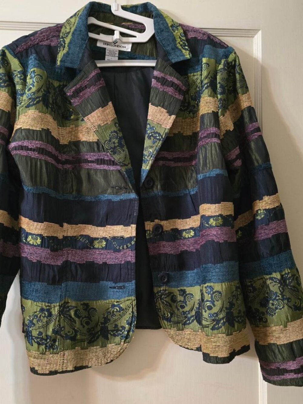 L Erin London Women's Vintage Green & Black Multi Striped Jacket or Lined Blazer